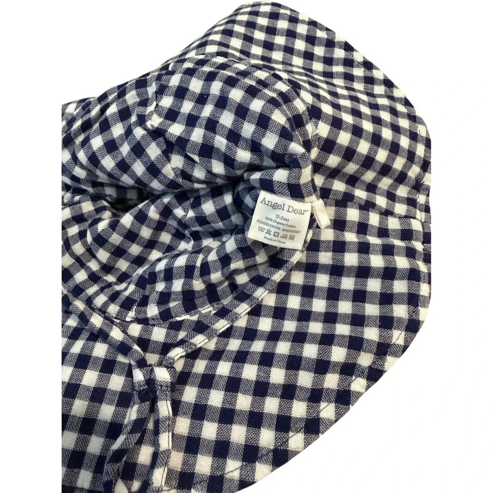 Angel Dear Navy Gingham Sun Hat Kids Wide Brim Organic Cotton EXC 12-24M
